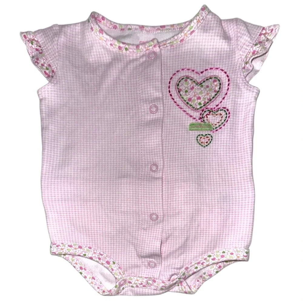 Vintage Carter's Romper 9M Pink Gingham, Ruffle Back, Hearts, Cottagecore